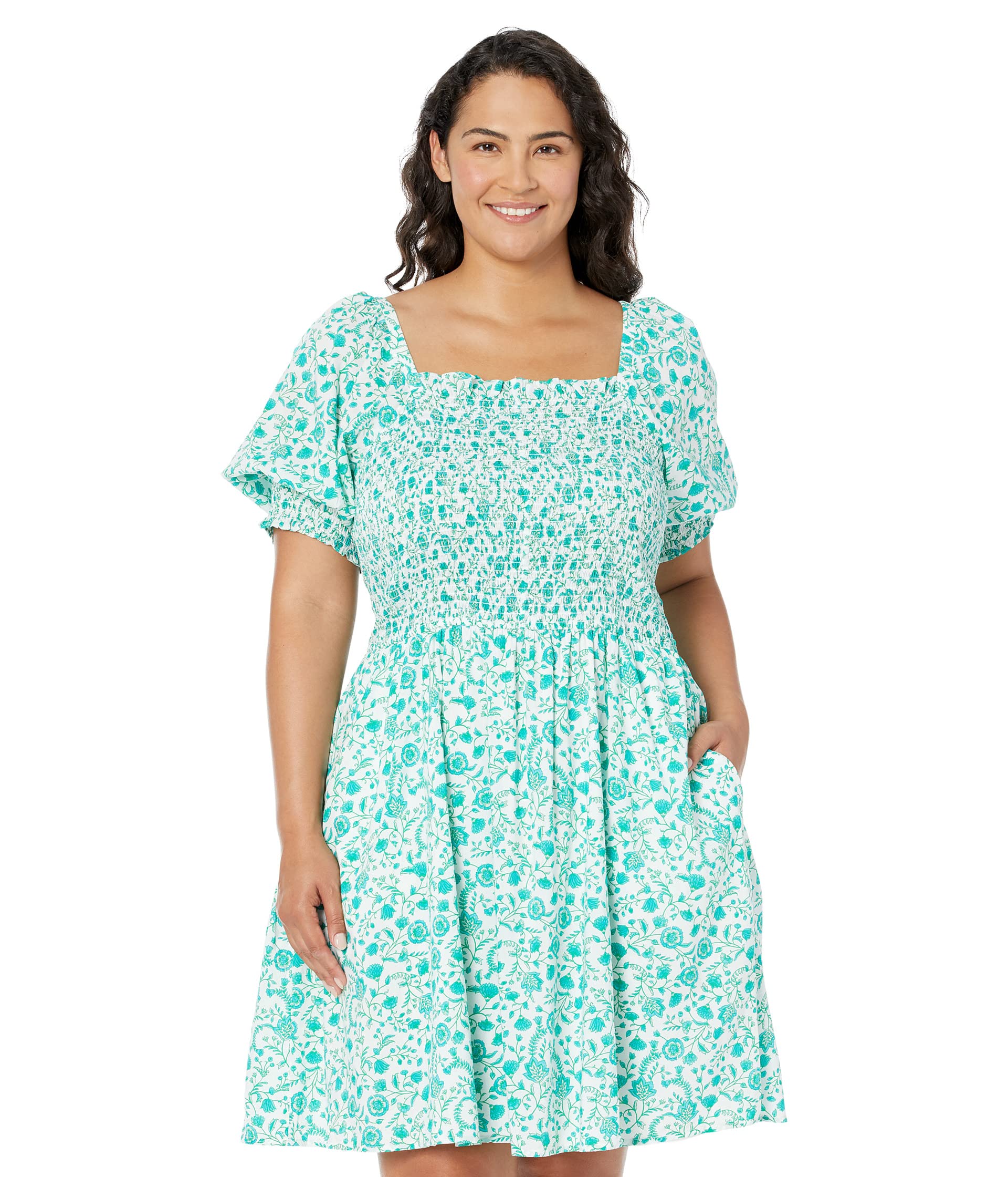 Платье Draper James, Plus Size Smocked Puff Sleeve Dress in Woodbock Floral цена и фото
