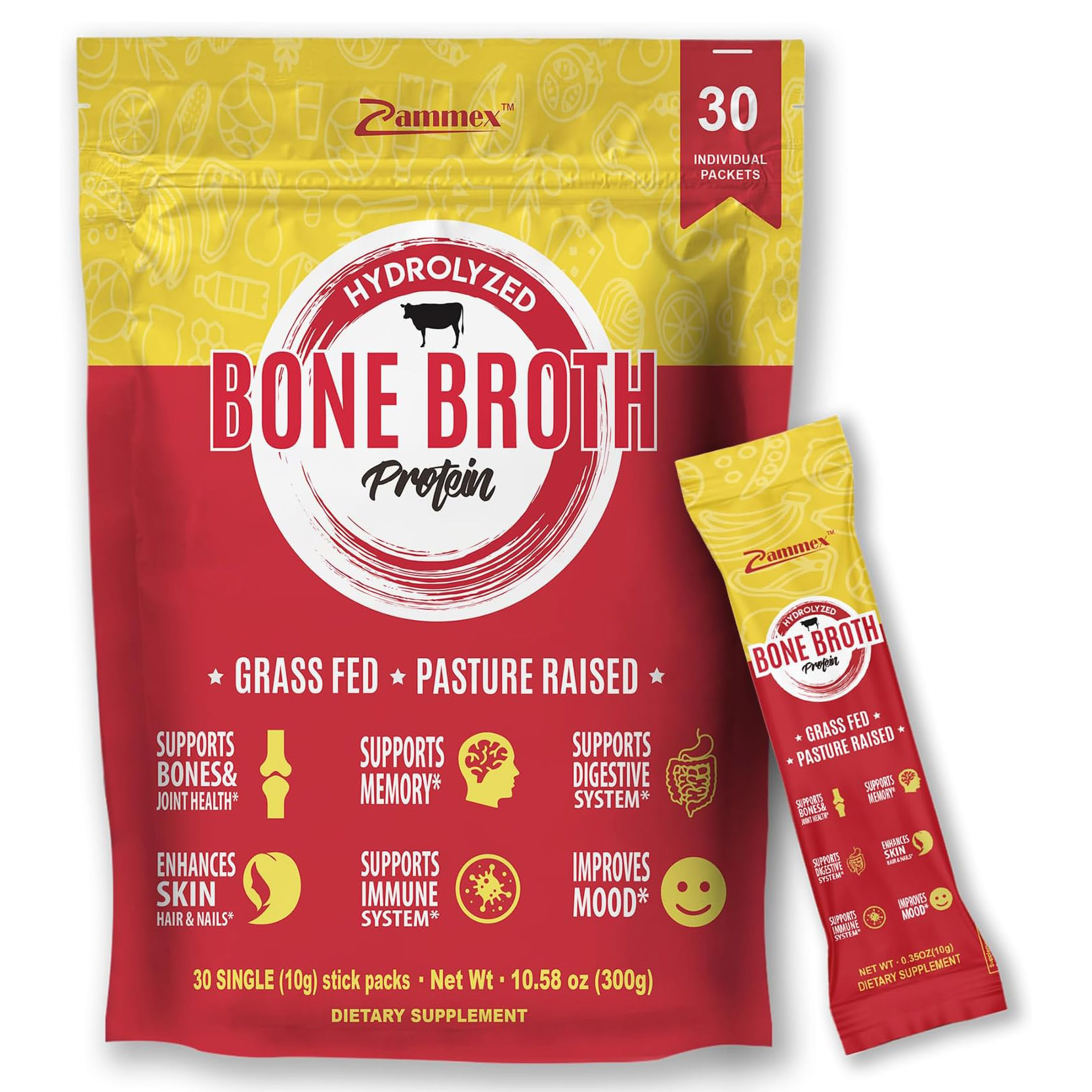 vital proteins коллаген из костного бульона говядина 285 г 10 унций Коллаген Zammex Bone Broth 30 Travel Stick Packets, 300 гр