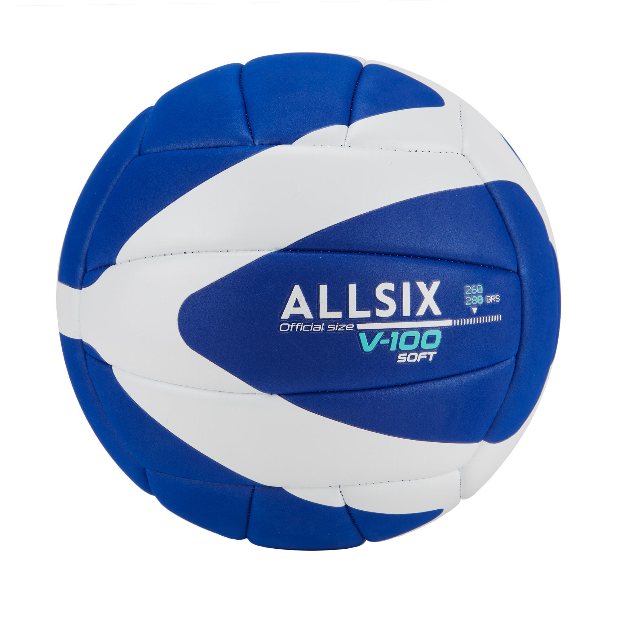Мяч волейбольный V100 Soft 260-280 г с 15 лет синий/белый ALLSIX, Белый синий мяч волейбольный v100 мягкий 230 250г 10 14 лет синий оранжевый allsix