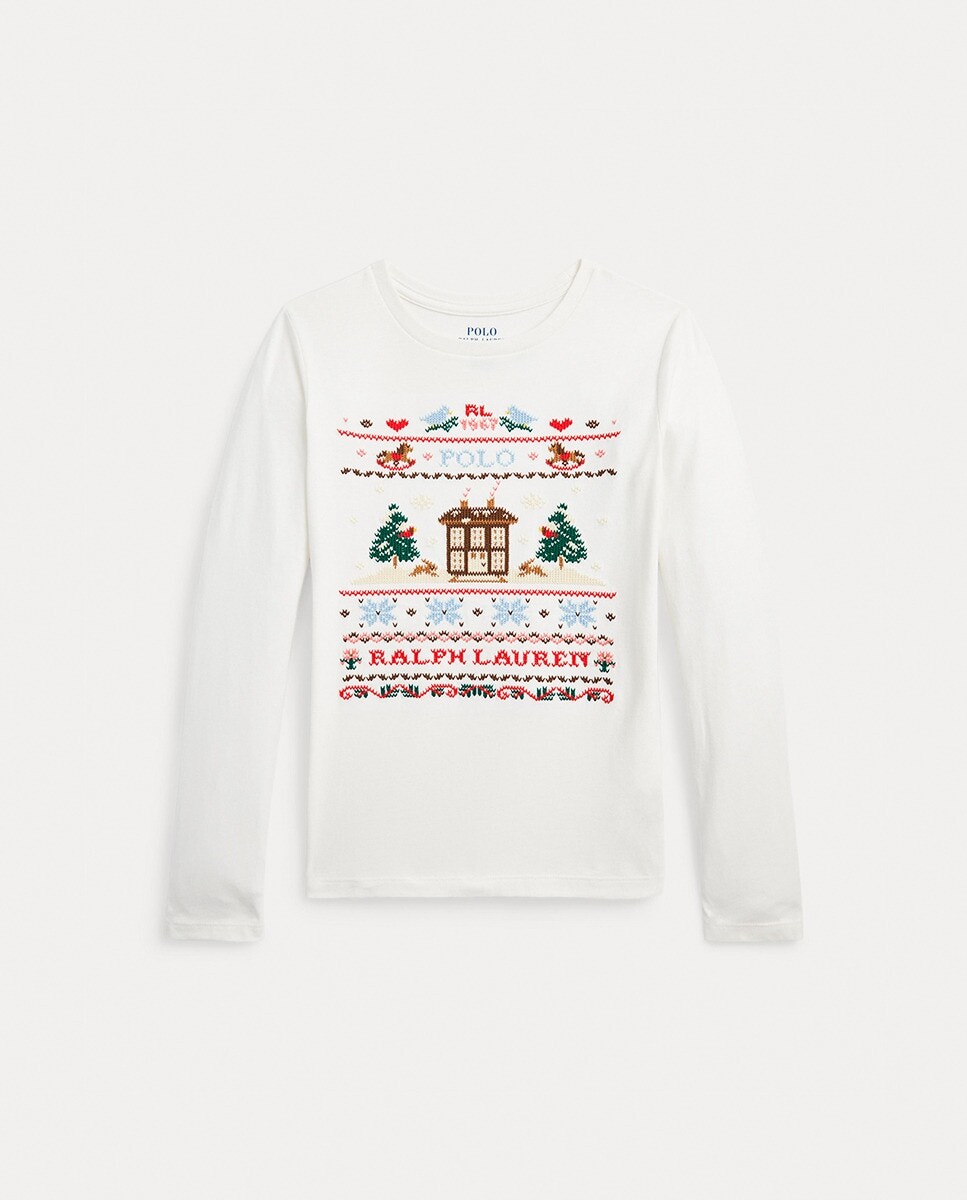 

Хлопковая футболка для девочки с рисунком спереди Polo Ralph Lauren, кремовый