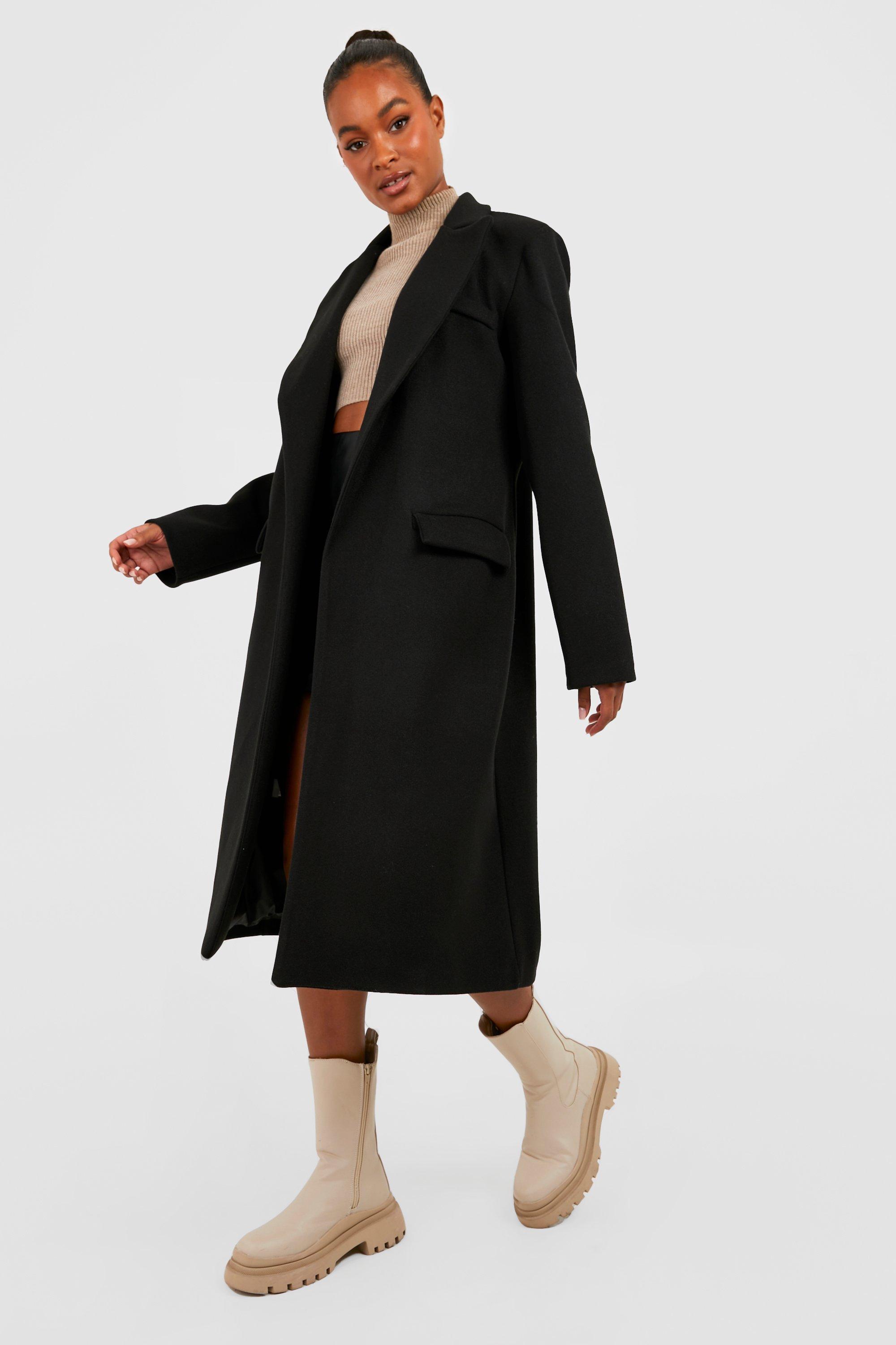 Высокое двубортное шерстяное пальто с карманами boohoo, черный