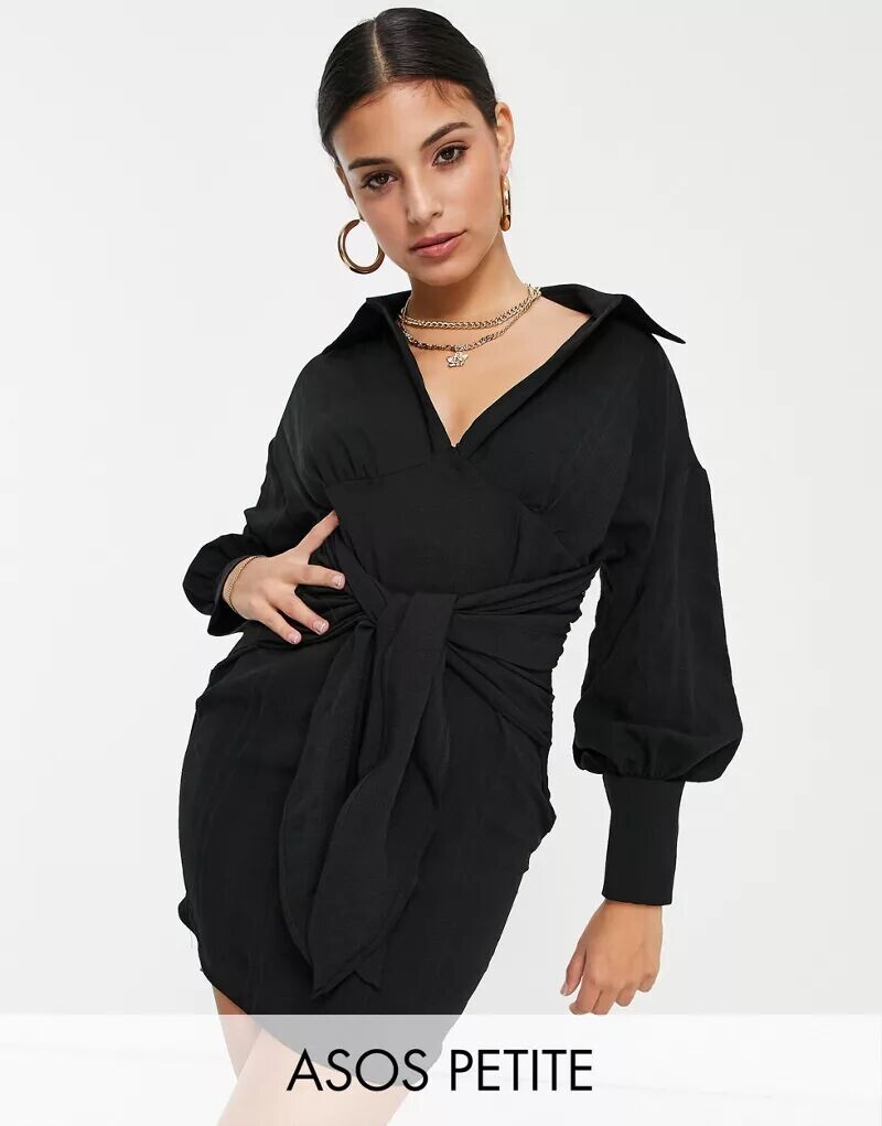 

Черное структурированное платье-рубашка мини с двойным кружевом ASOS DESIGN Petite