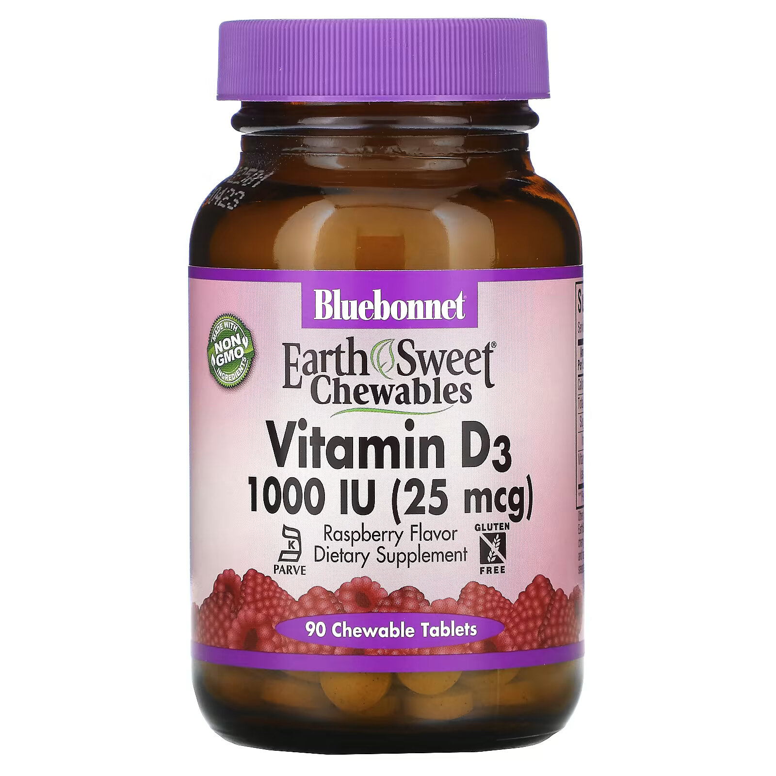 Bluebonnet Nutrition, EarthSweet Chewables, витамин D3, со вкусом малины, 25 мкг (1000 МЕ), 90 жевательных таблеток california gold nutrition витамин b12 со вкусом малины 90 жевательных мармеладок