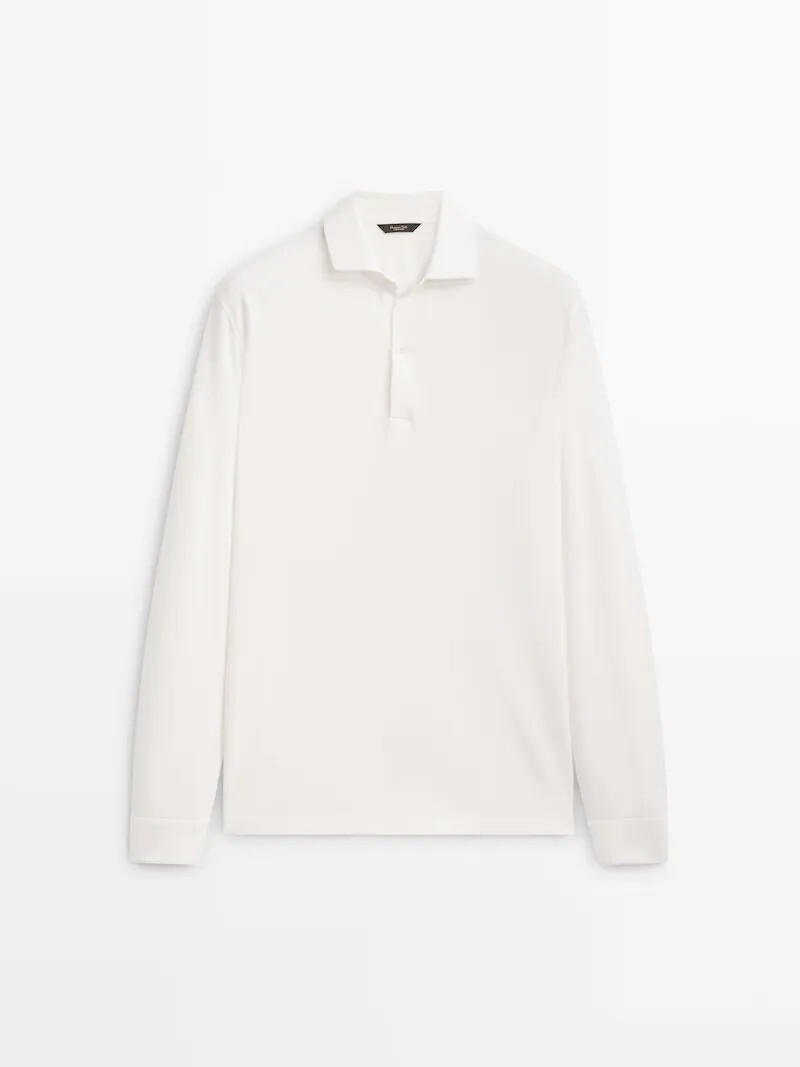 

Рубашка-поло из микротекстурированного хлопка с длинными рукавами Massimo Dutti, кремовый