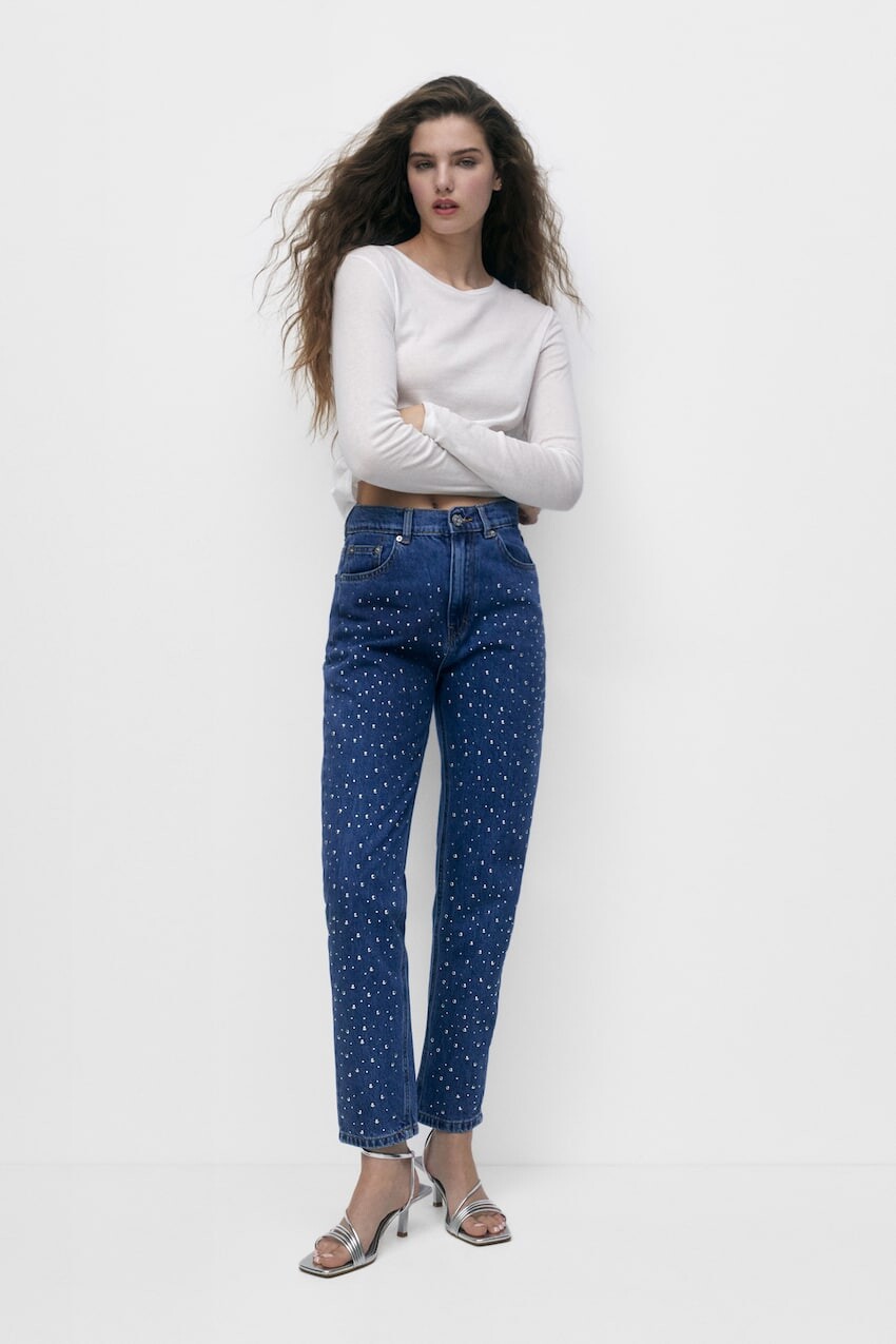

Джинсы Mom со стразами Pull&Bear, синий