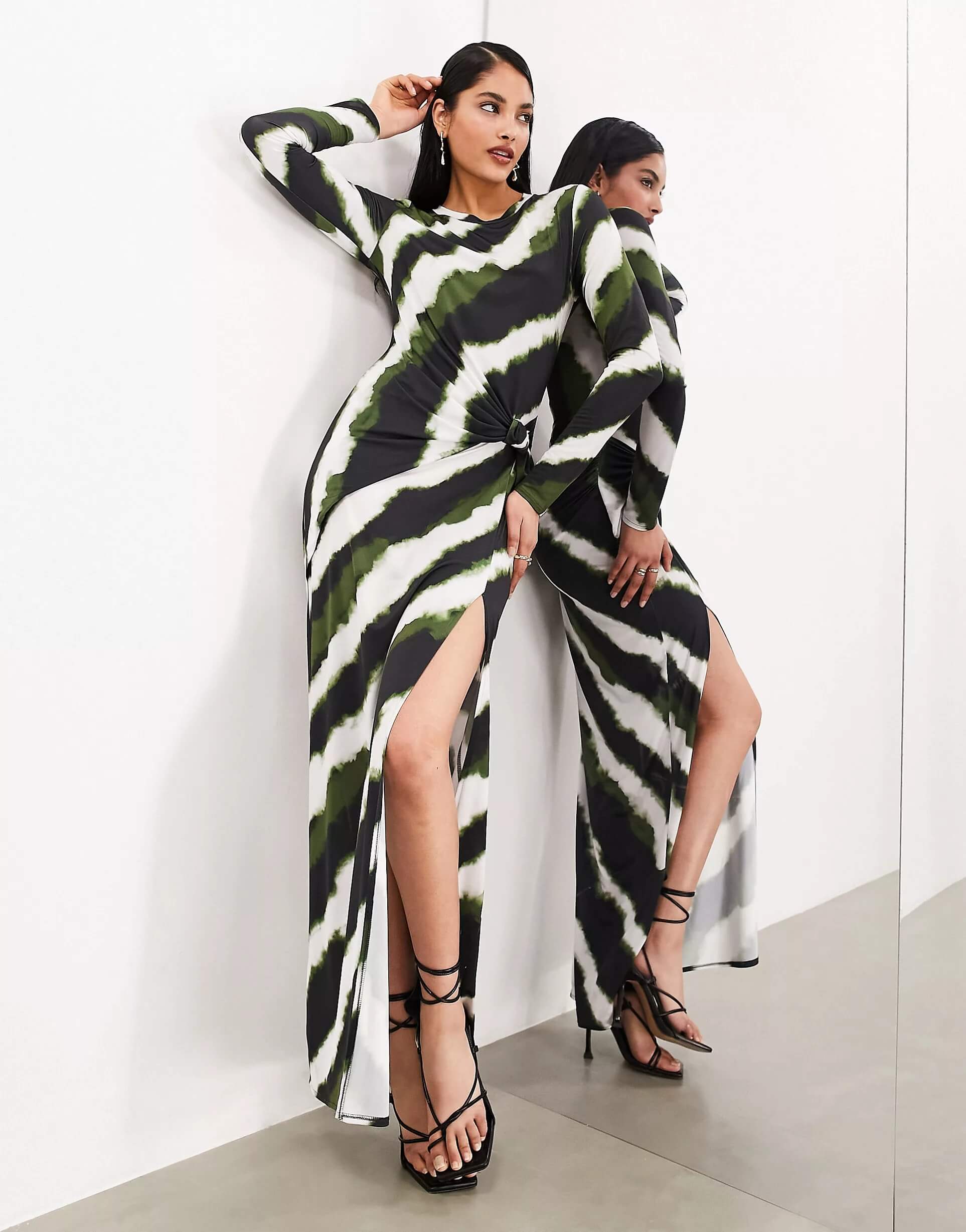 Платье-макси Asos Edition Knitted Form-fitting Knot Fuzzy Black Stripe, зеленый/белый/черный платье макси asos edition sleeveless sheer monochrome stripe черный белый