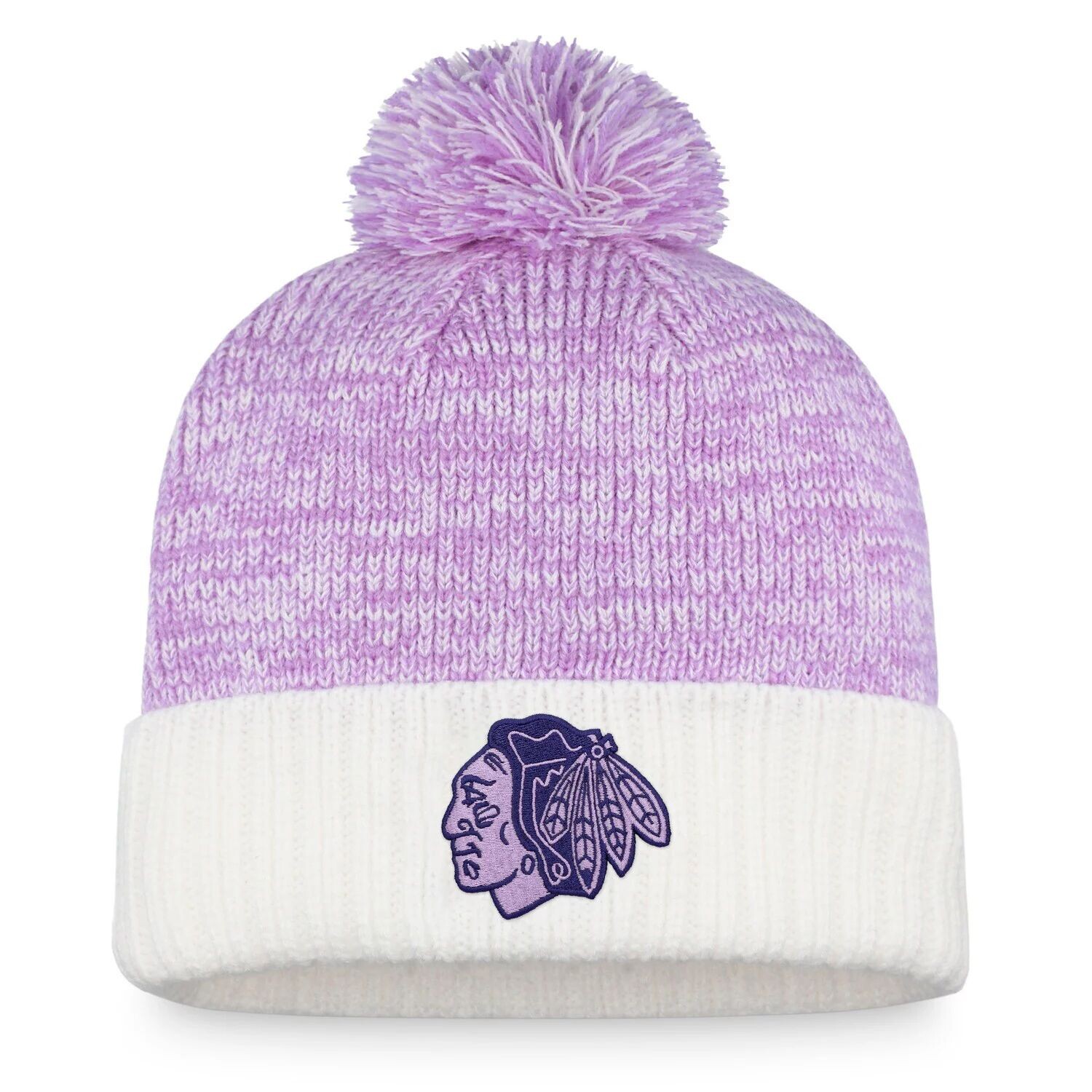 

Мужская фирменная белая/фиолетовая шапка Fanatics Chicago Blackhawks 2022 Hockey Fights Cancer Authentic Pro с манжетами и помпоном