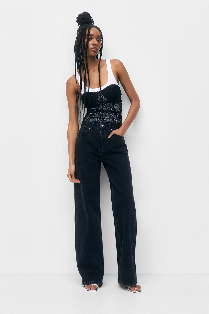 

Джинсы широкого кроя с завышенной талией Pull&Bear, черный