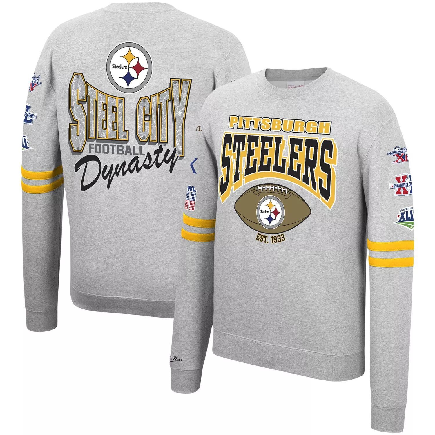 

Мужской флисовый пуловер с принтом Mitchell & Ness Heathered Grey Pittsburgh Steelers со сплошным принтом, толстовка