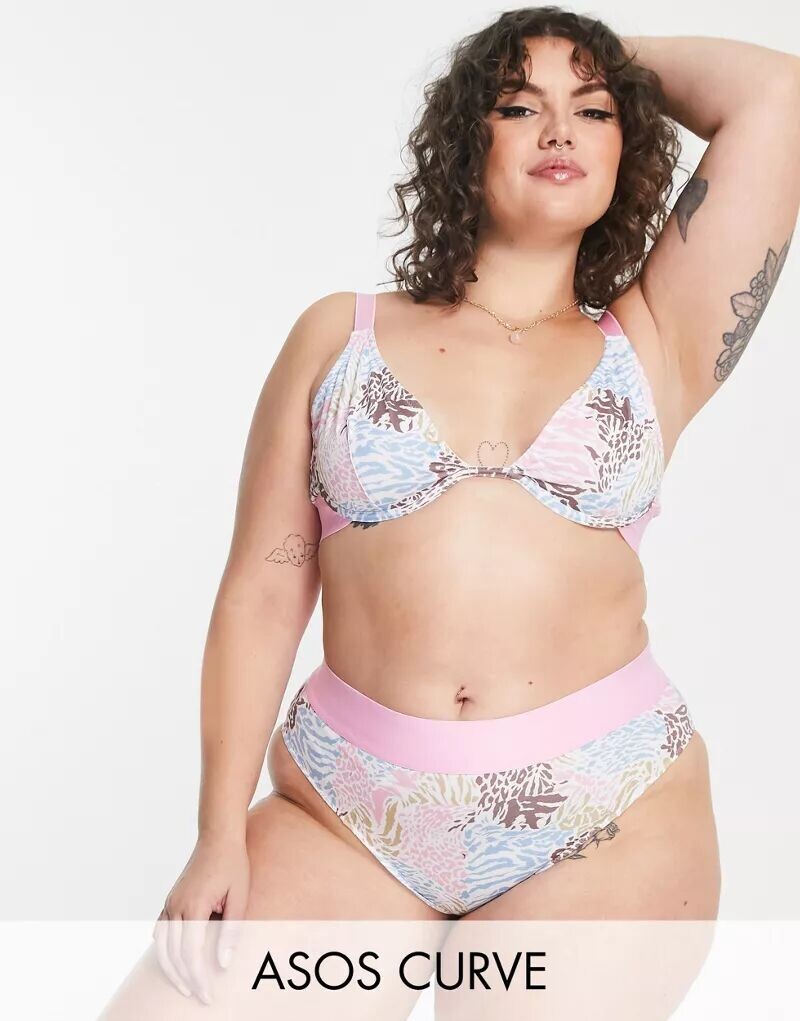

Хлопковые трусы с высокой талией и пастельным животным принтом ASOS DESIGN Curve Betty, Коричневый