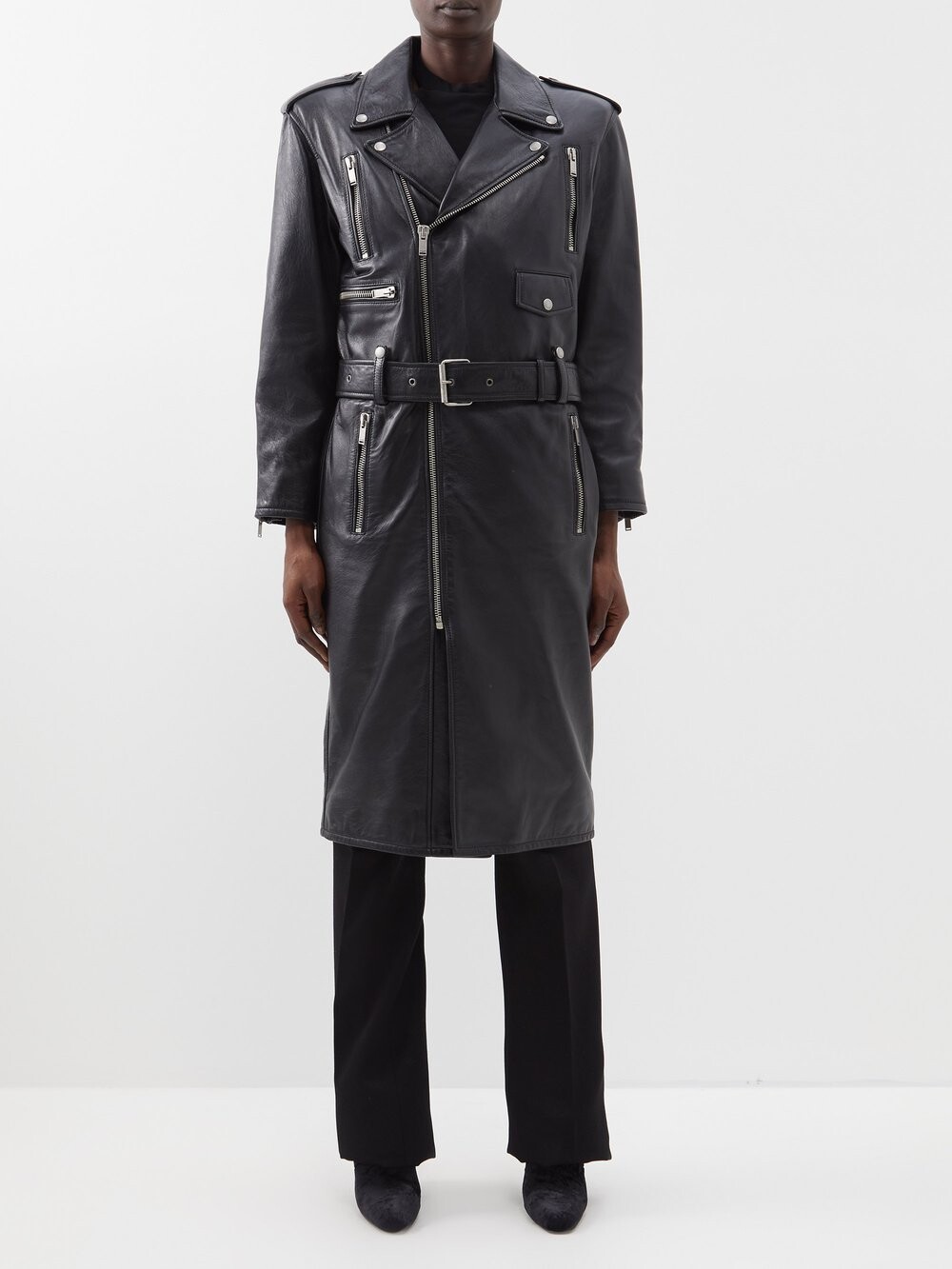 

Длинная кожаная байкерская куртка с поясом Saint Laurent, черный