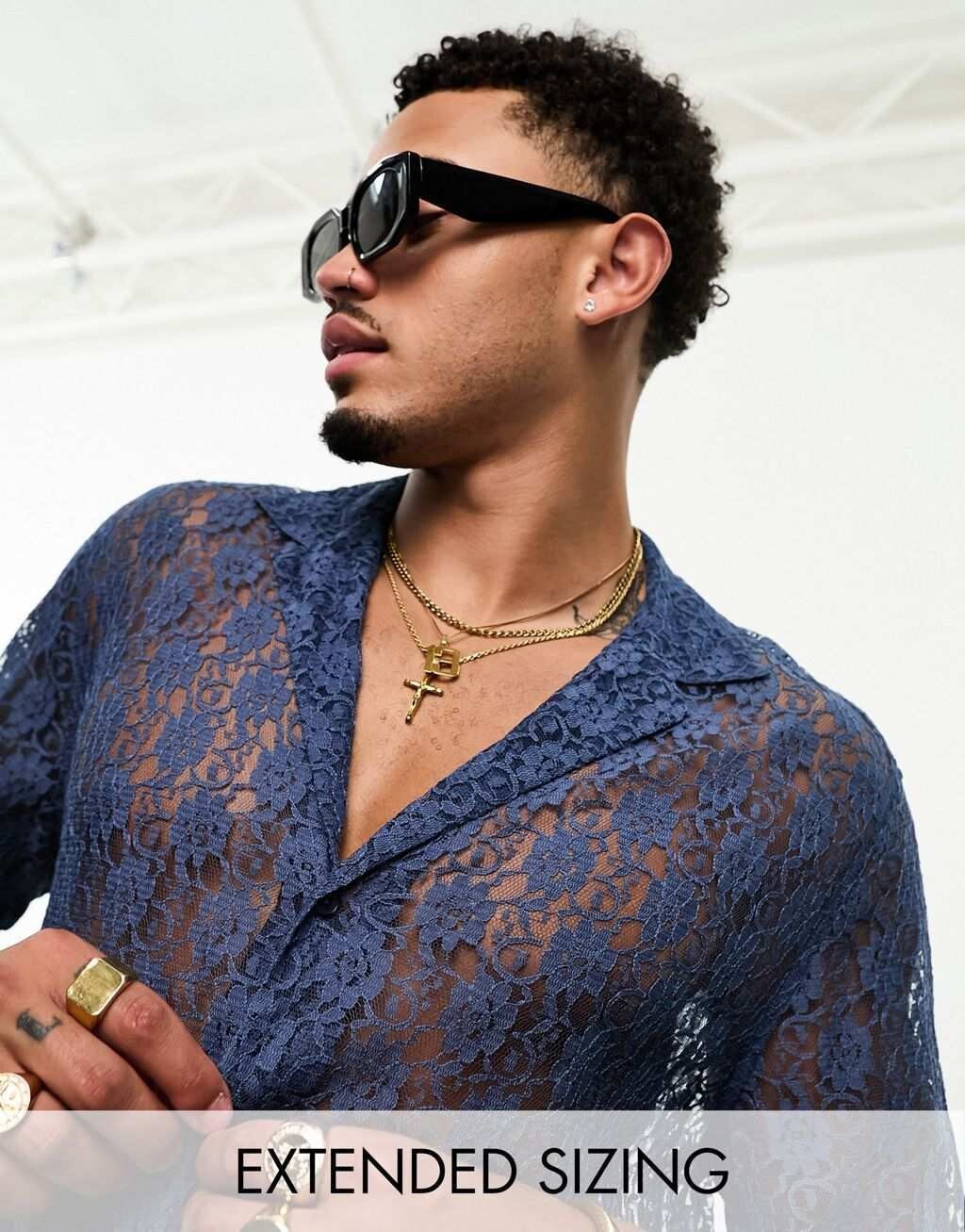 

Свободная рубашка темно-синего кружева ASOS DESIGN Revere