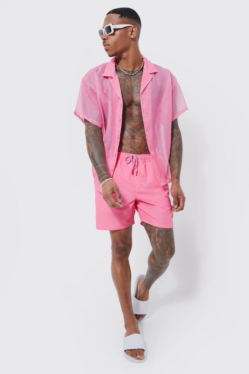 

Прозрачная рубашка с коротким рукавом и плавание Boohoo, розовый