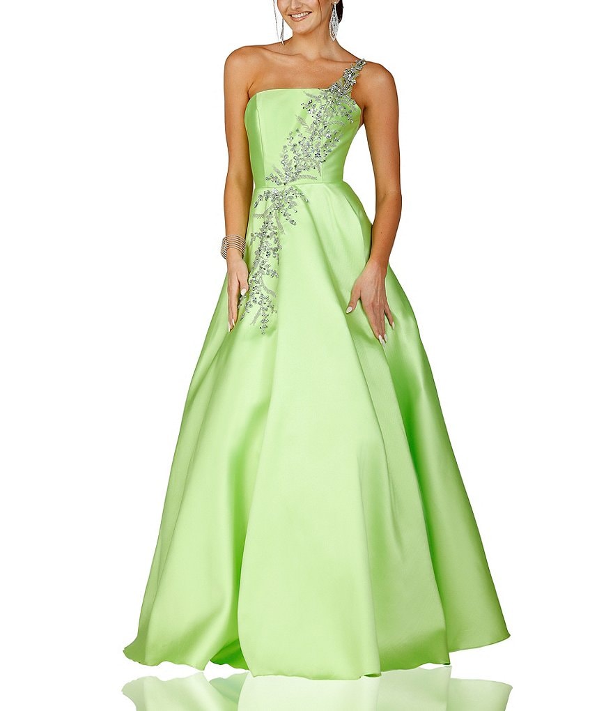 Бальное платье на одно плечо с бретельками из бисера Glamour by Terani Couture, зеленый