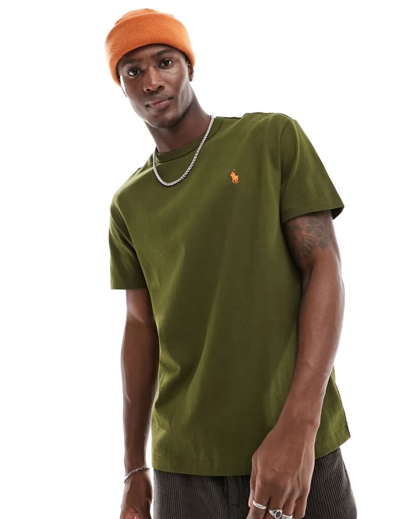 Темно-зеленая футболка из плотной ткани Polo Ralph Lauren с логотипом бренда классического оверсайз-кроя рубашка из денима в стиле вестерн средней стирки polo ralph lauren классического кроя оверсайз с логотипом бренда