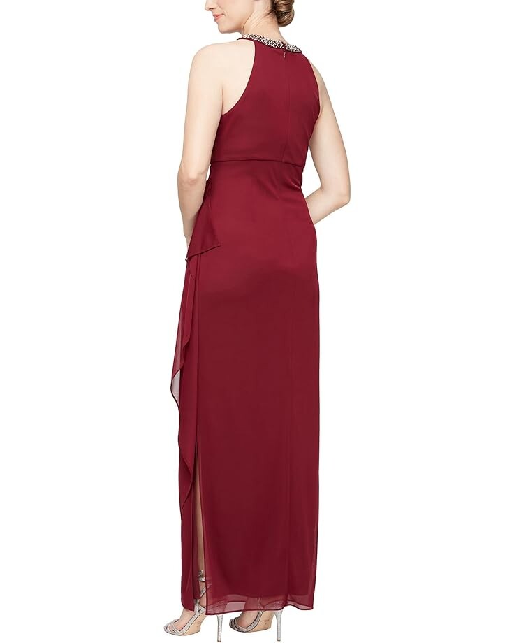 

Платье Alex Evenings Long Mesh Dress w/ Beaded Halter Neckline & Cascade Ruffle, цвет Wine