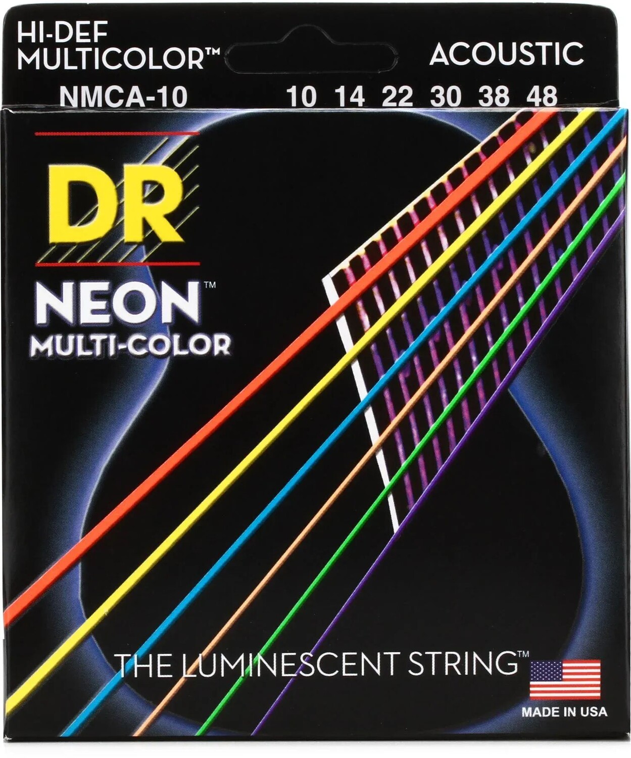 

Струны DR Strings NMCA-10 Hi-Def Neon Multi-Color K3 с покрытием для акустической гитары — .010-.048 Extra Light