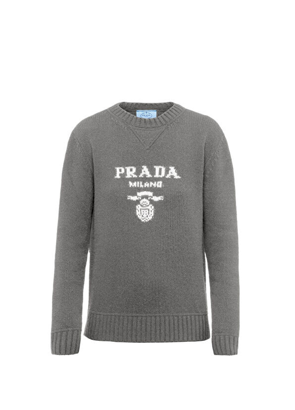 

Свитер Prada с круглым вырезом из кашемира и шерсти с логотипом Prada, серый