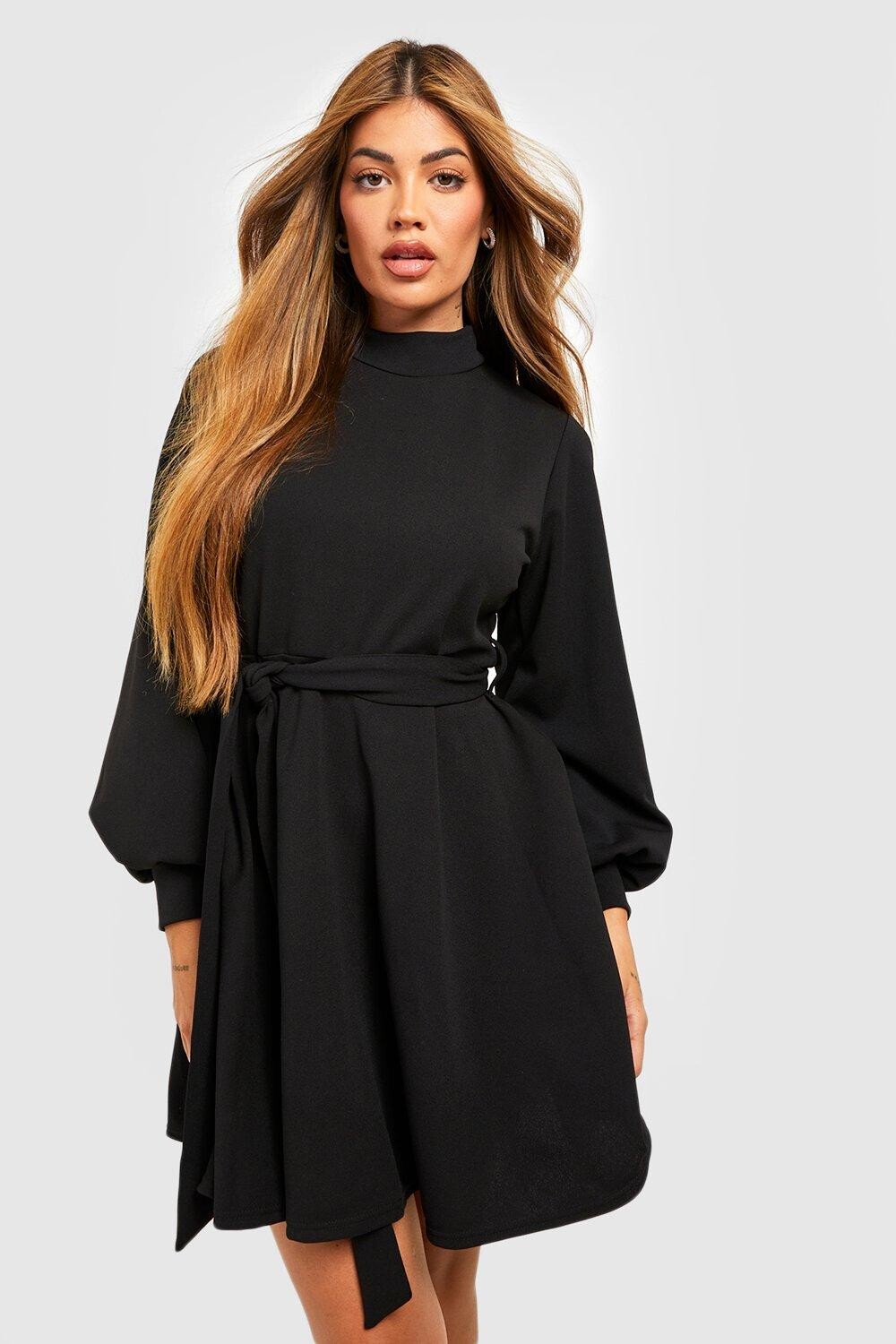 

Платье с поясом и высоким воротом Boohoo, черный