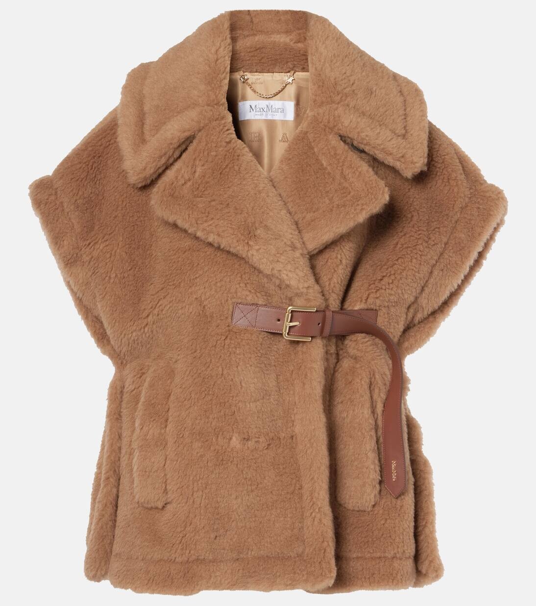 

Накидка-тедди Newabaco с кожаной отделкой Max Mara, цвет cammello