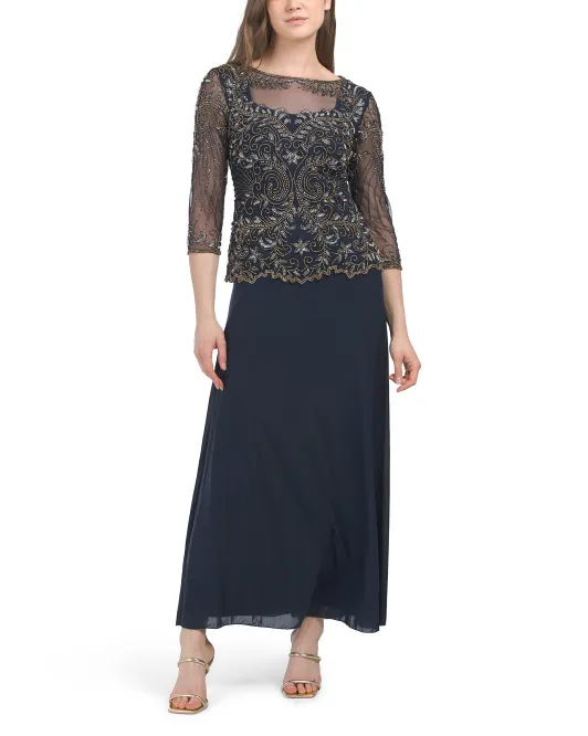 

Иллюзионное платье с рукавом в четверть, расшитым бисером, и пышной юбкой Pisarro Nights, цвет Carbon