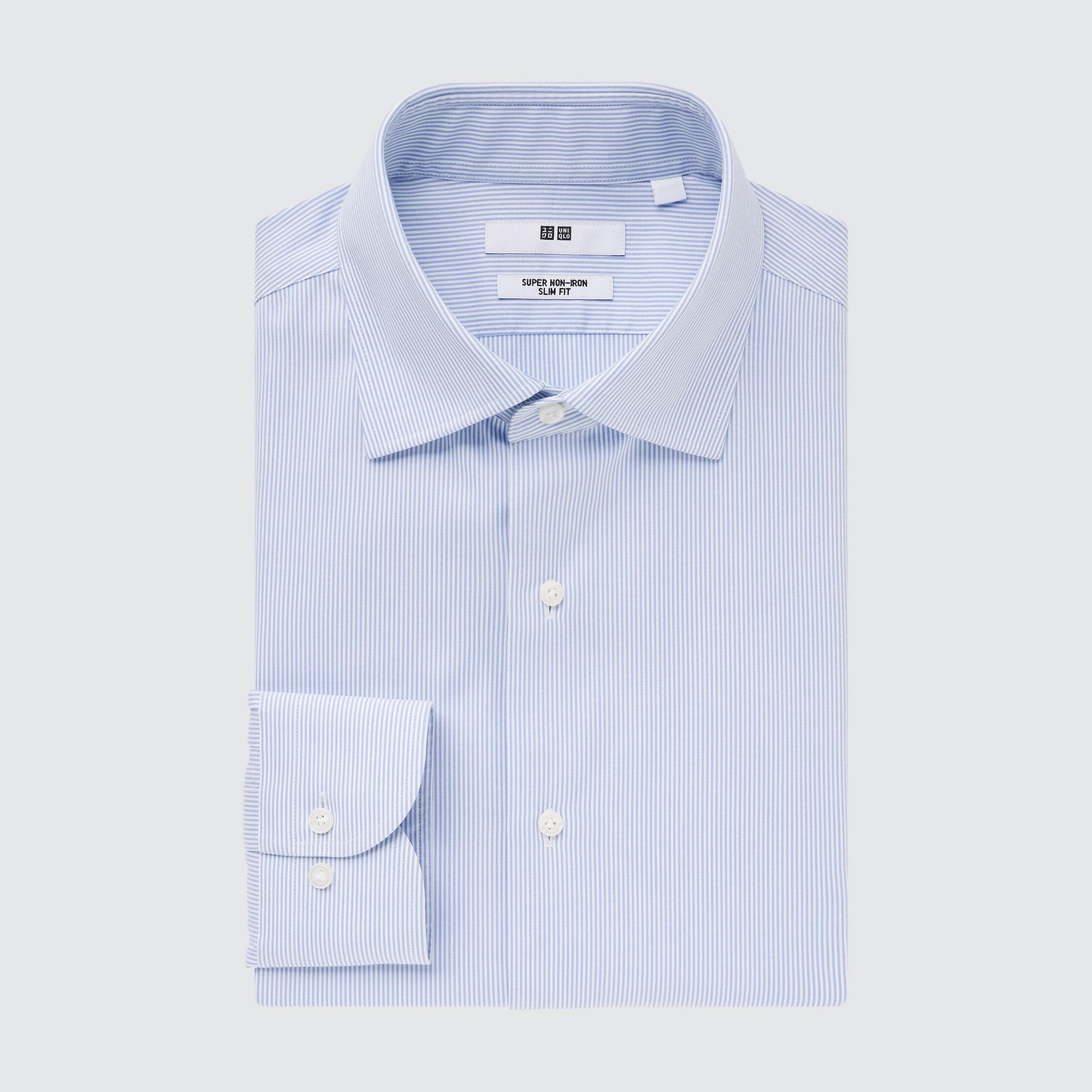 Полосатая рубашка приталенного кроя Super Non-Iron (воротник с полувырезом) Uniqlo, синий