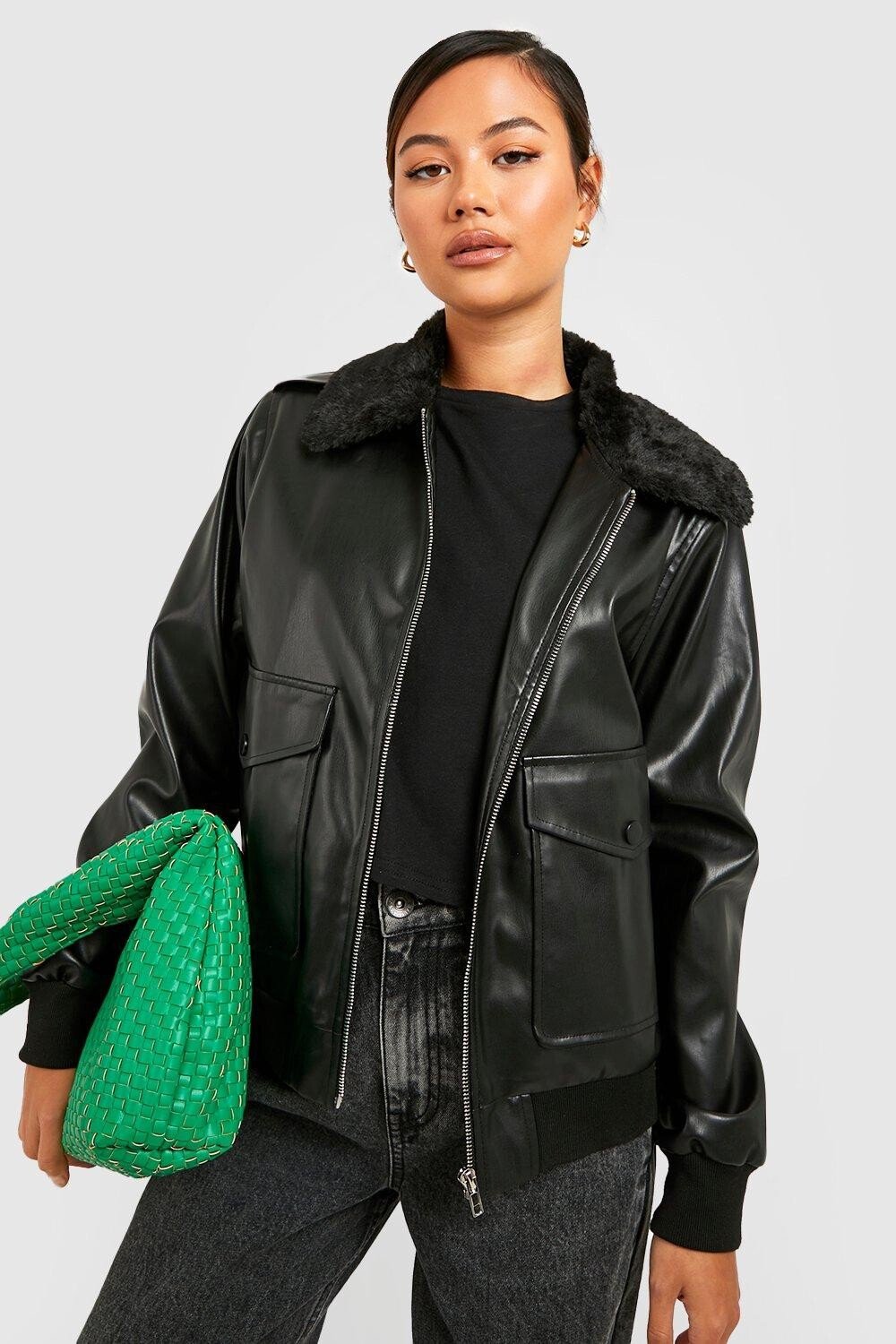 

Мотокуртка petite с меховым воротником и карманом Boohoo, черный