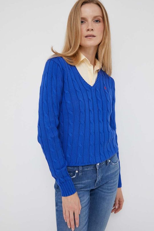 Хлопковый свитер Polo Ralph Lauren, синий поло женское вязаное с v образным вырезом цвет – белый
