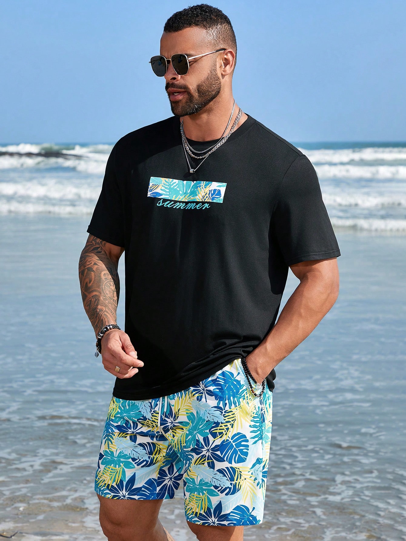 Мужской комплект футболок с короткими рукавами и короткими рукавами Manfinity RSRT больших размеров с растительным принтом, многоцветный комплект мужских футболок с принтом