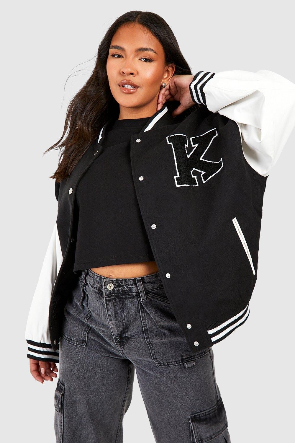 

Куртка-бомбер Varsity Plus с рукавами из искусственной кожи boohoo, черный