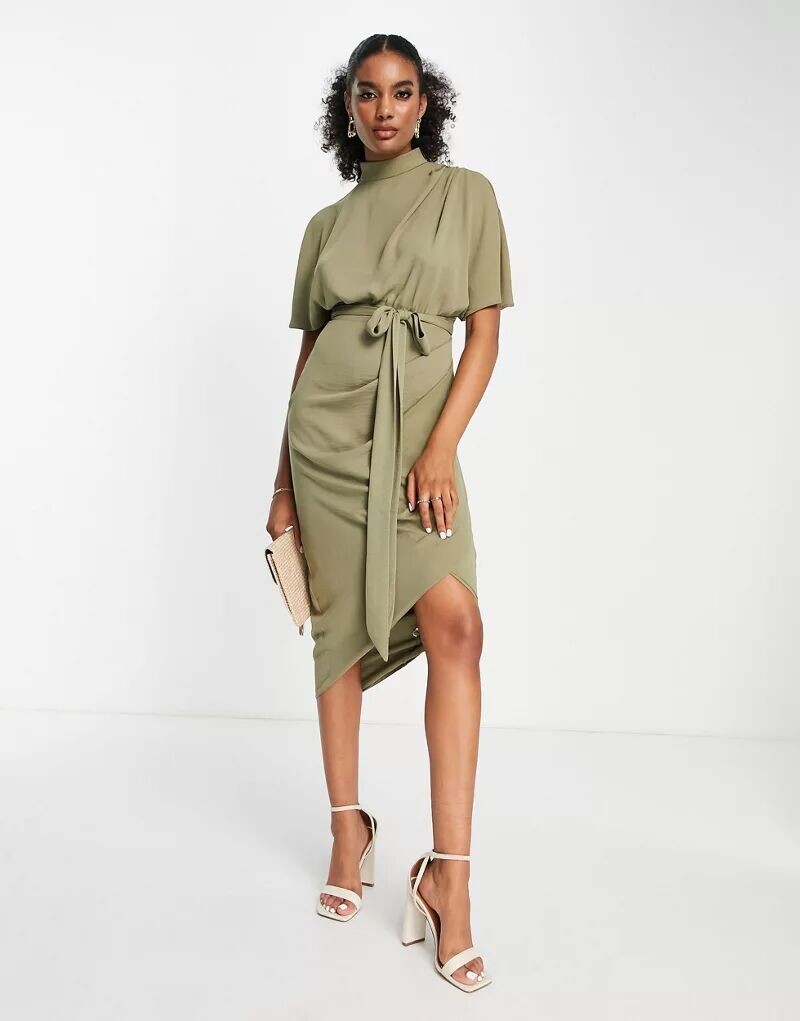 

Оливковое платье миди с запахом и разрезными рукавами ASOS