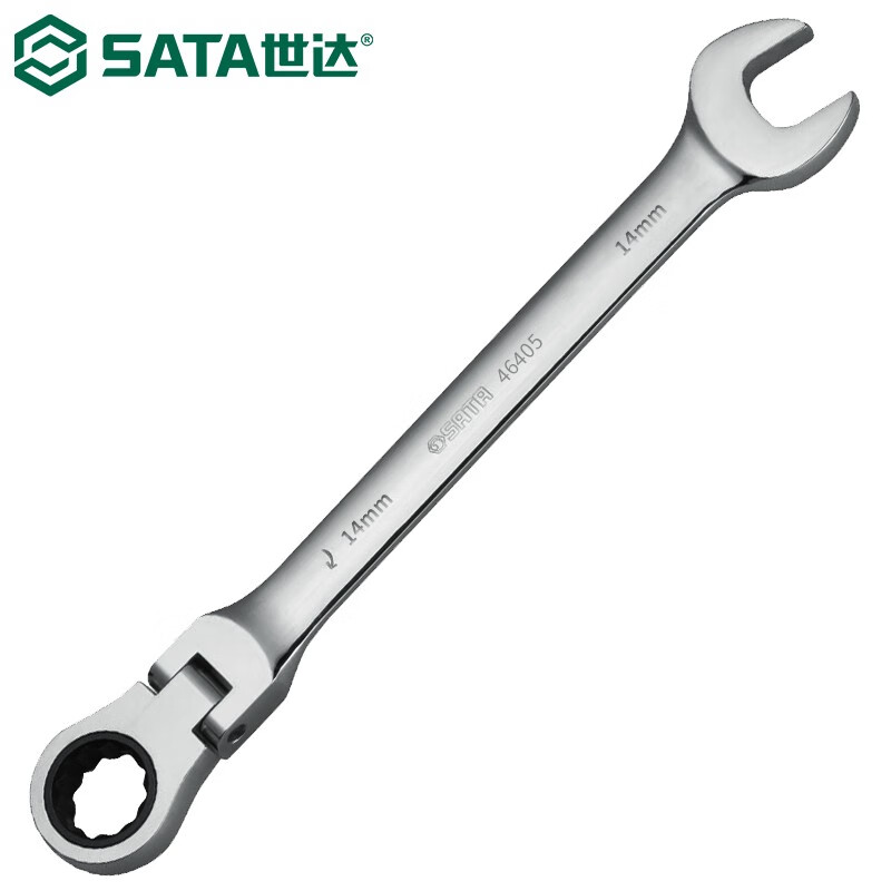 SATA 46405 Ключ с храповым механизмом с подвижной головкой, сливовой открытый ключ, открывающийся для цветения сливы, двусторонний, быстрый ключ двойного назначения, полностью полированный, хром-ванадиевая сталь с высоким крутящим моментом, 14 мм