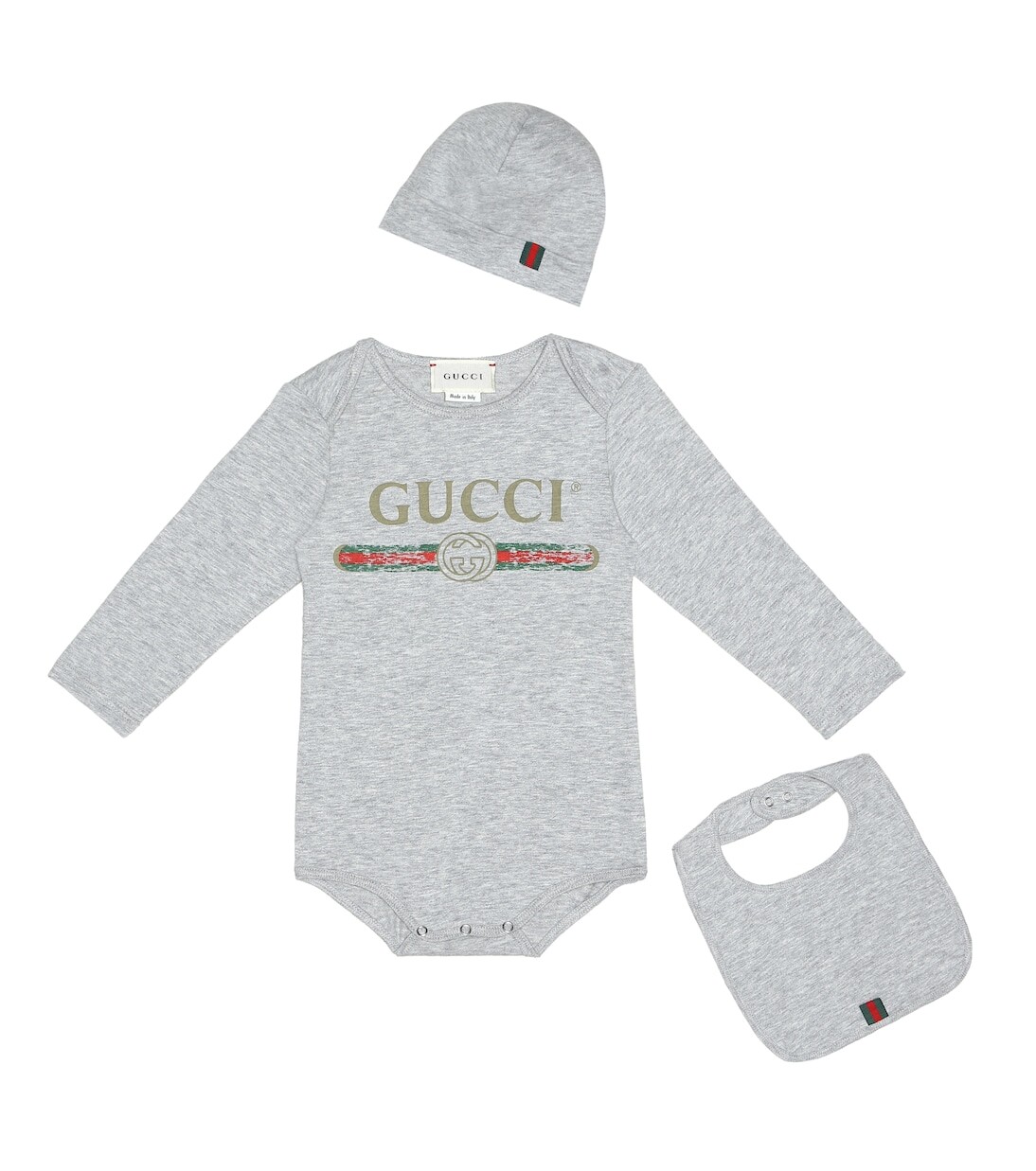 

Комплект из хлопкового боди, нагрудника и шапочки Gucci, серый