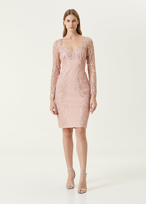

Розовое мини-коктейльное платье с кружевной отделкой Tadashi Shoji