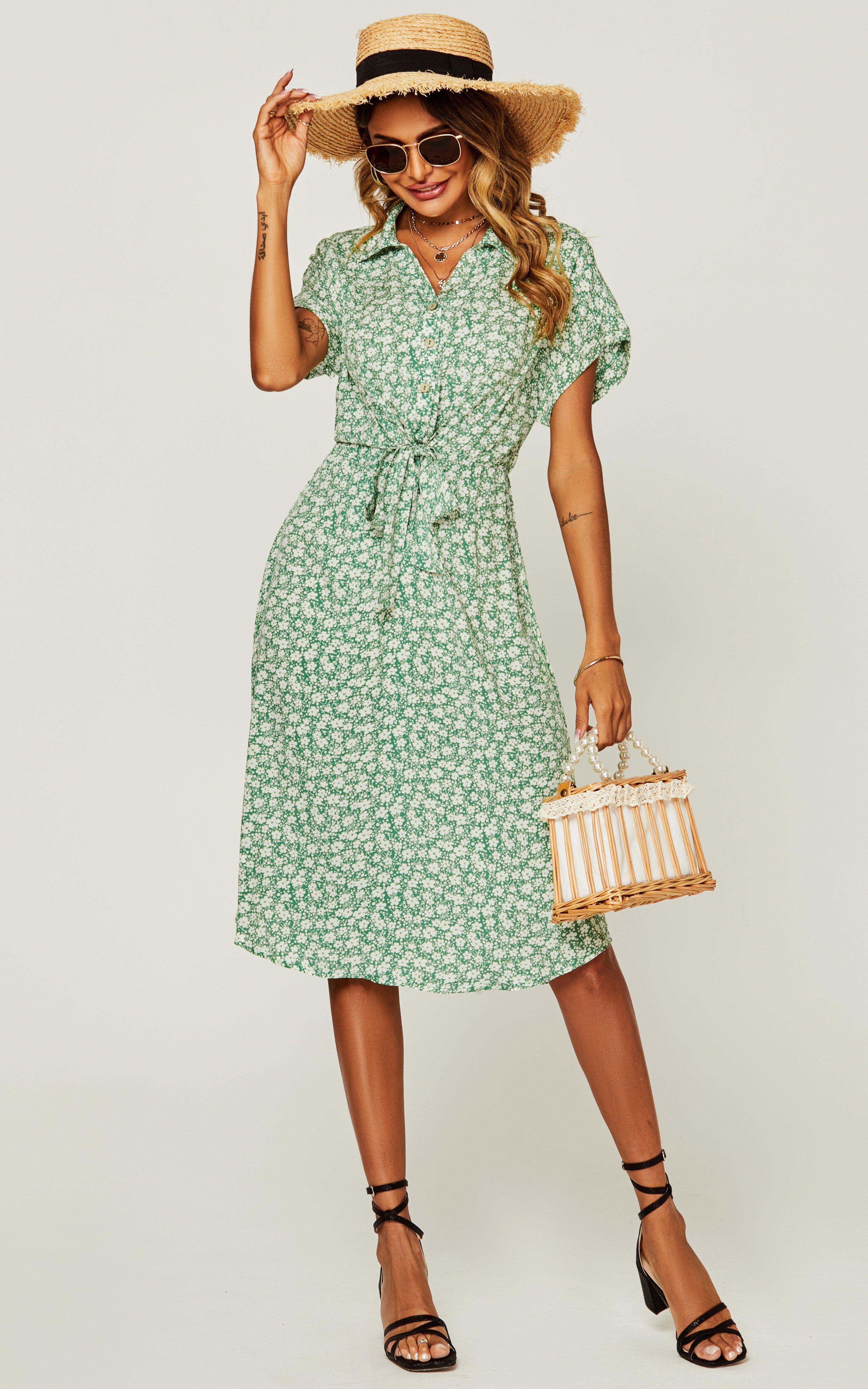 цена Непринужденное зеленое платье-рубашка миди на пуговицах с цветочным принтом FS Collection, зеленый