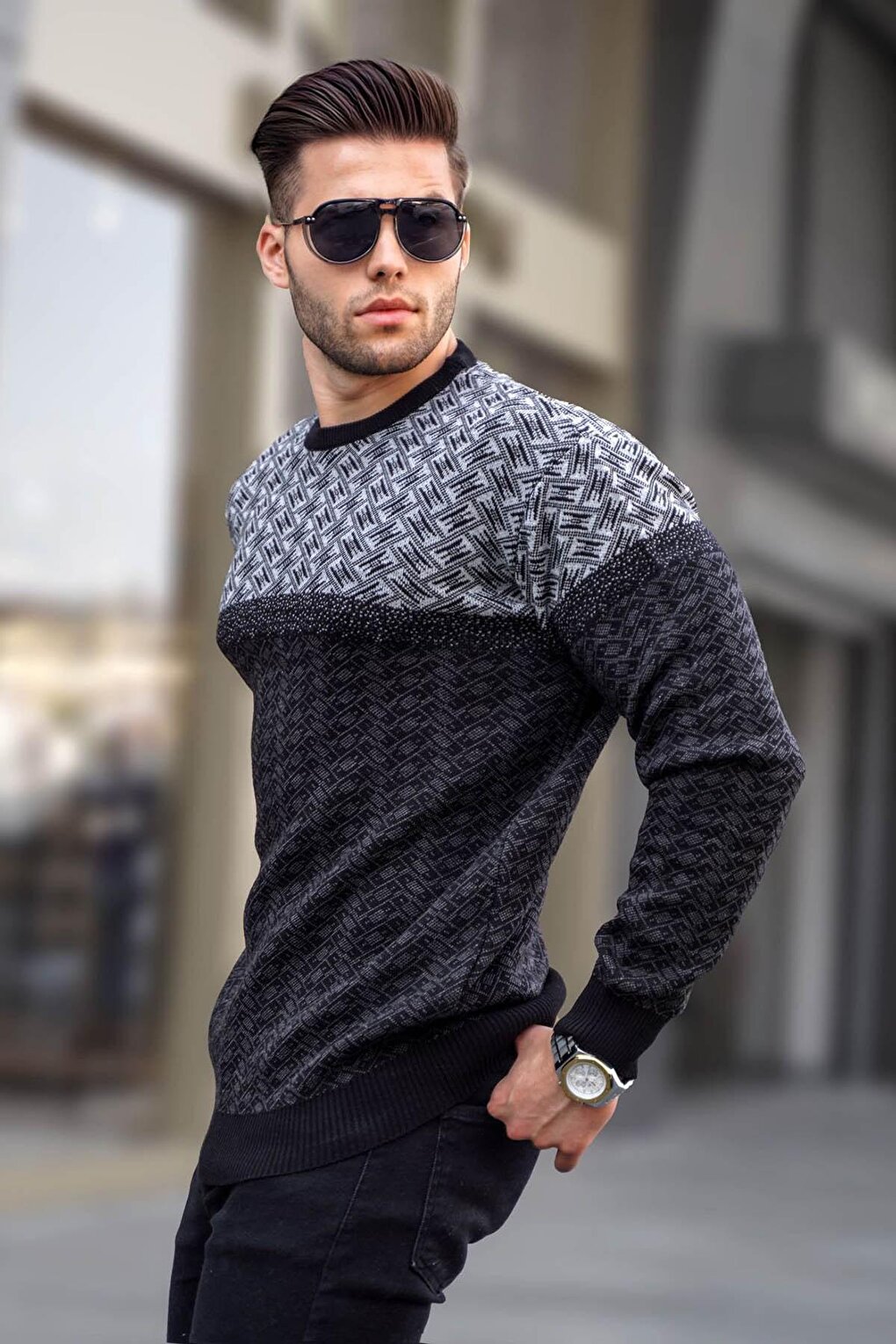 Черный мужской вязаный свитер с рисунком 5977 MADMEXT