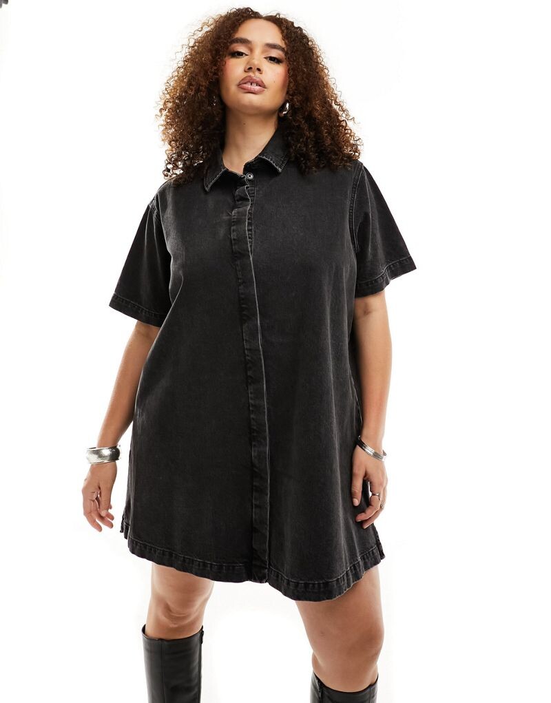 

Черное джинсовое платье-рубашка с короткими рукавами ASOS DESIGN Curve