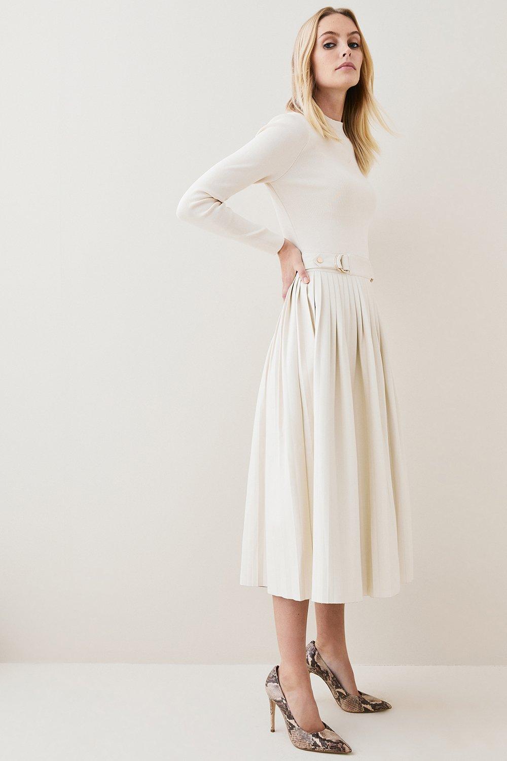 Миниатюрное платье макси с плиссированной юбкой из трикотажа из смесовой вискозы и искусственной кожи Karen Millen, белый