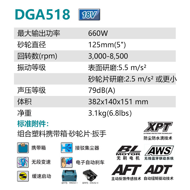 Угловая шлифовальная машина Makita DGA518, 125 мм + два аккумулятора 5.0Ah, зарядное устройство