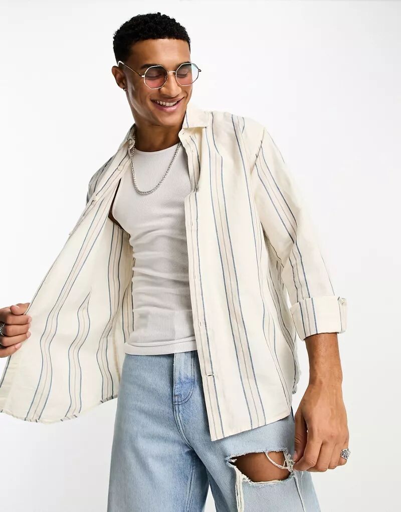 Льняная рубашка с длинными рукавами и полосками Pull&Bear песочного цвета браслет песочного цвета с бордовыми полосками из фарфора размер 21 см