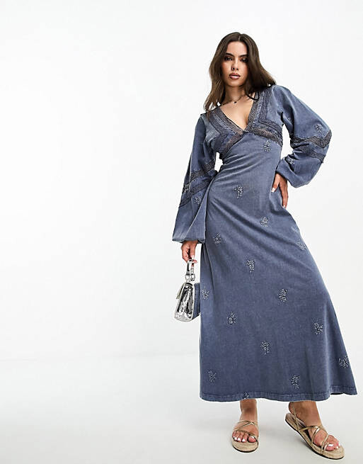 

Голубое платье миди с длинными рукавами и шнуровкой на спине ASOS DESIGN Petite