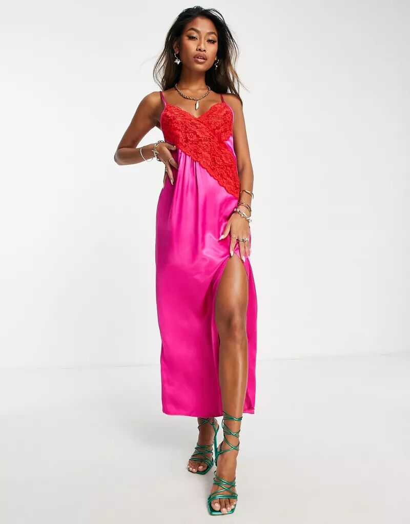 Розовое платье-комбинация в стиле колор-блок с контрастным кружевом Topshop