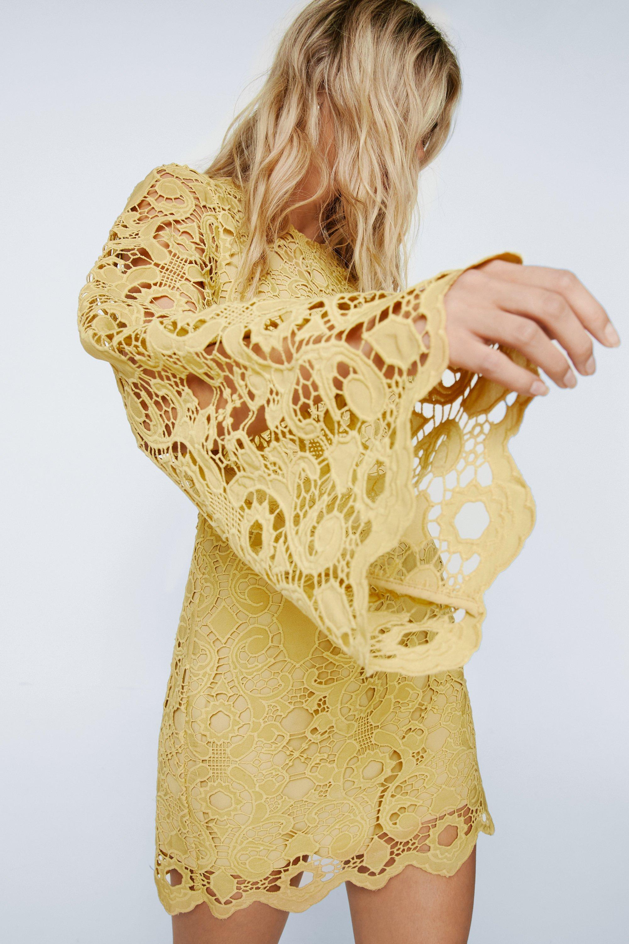 Кружевное мини-платье с круглым вырезом и длинными рукавами Nasty Gal, желтый классическое кельтское свадебное платье в средневековом стиле кружевной корсет с расклешенными рукавами свадебная одежда лето осень 2022