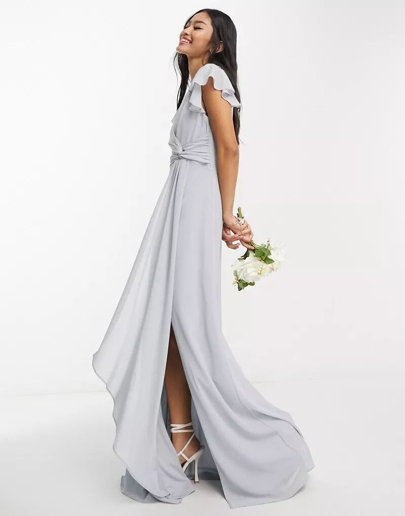Серое платье макси с развевающимися рукавами TFNC Bridesmaids