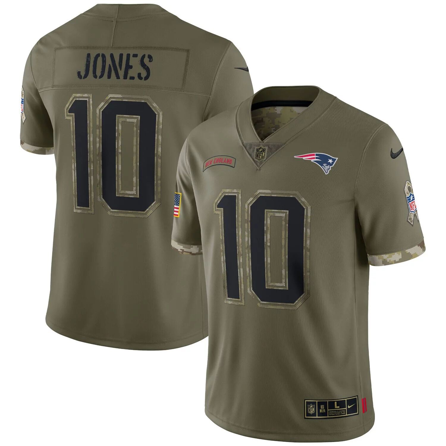 

Мужское джерси Mac Jones Olive New England Patriots 2022 Salute To Service Limited Nike