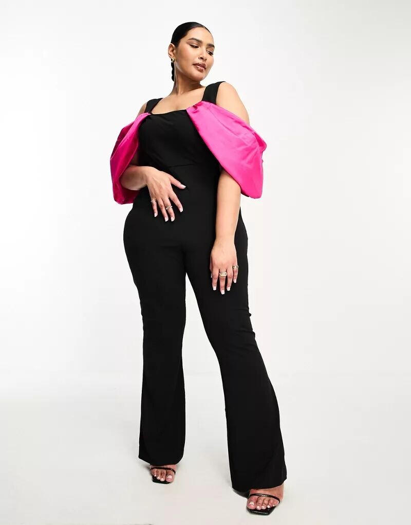 

Черный расклешенный комбинезон ASOS Curve с контрастными рукавами