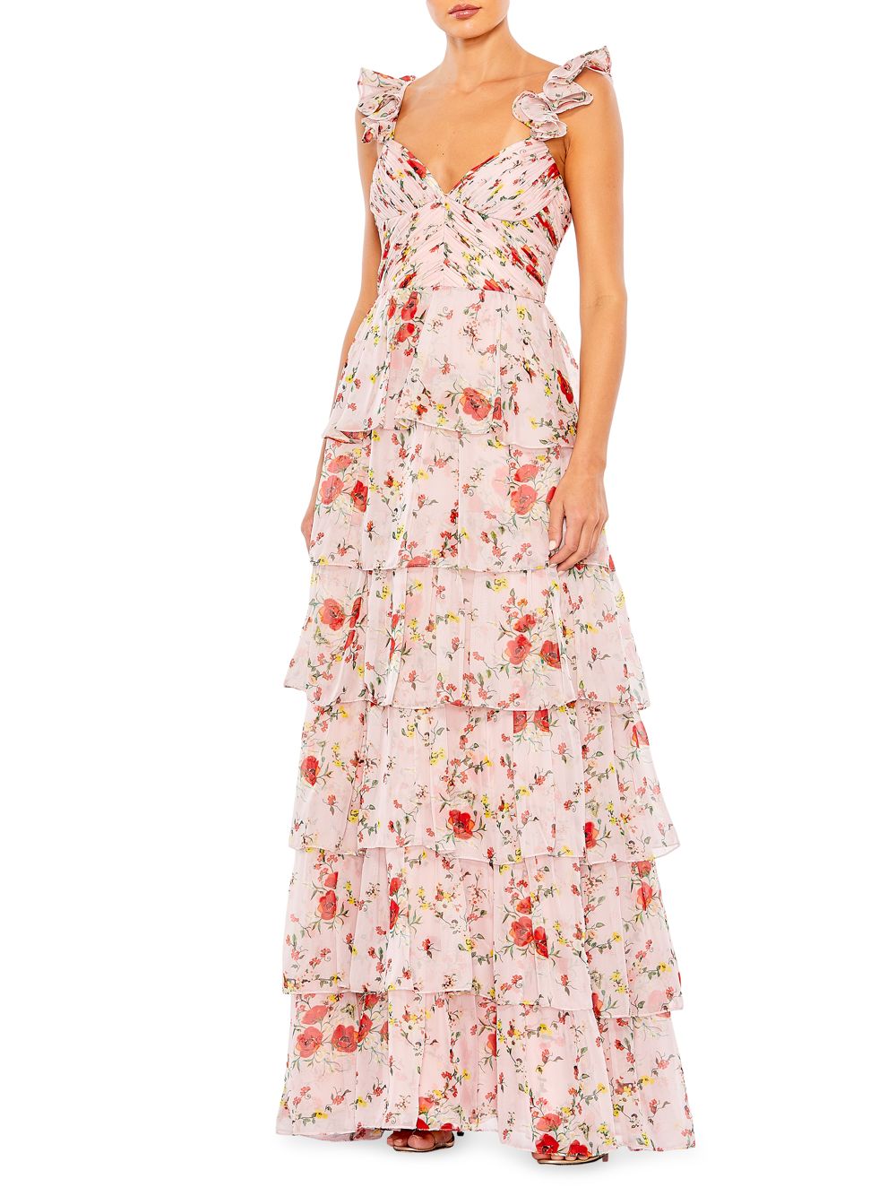 Ярусное платье с цветочным принтом Mac Duggal, розовый