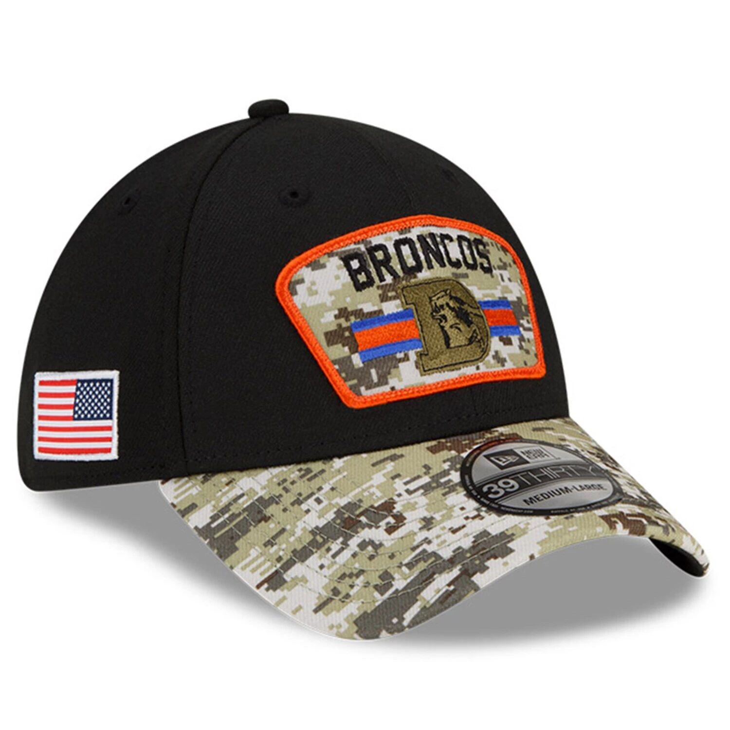 

Мужская кепка New Era Black/Camo Denver Broncos 2021 Salute To Service Historic Logo 39THIRTY Flex Hat