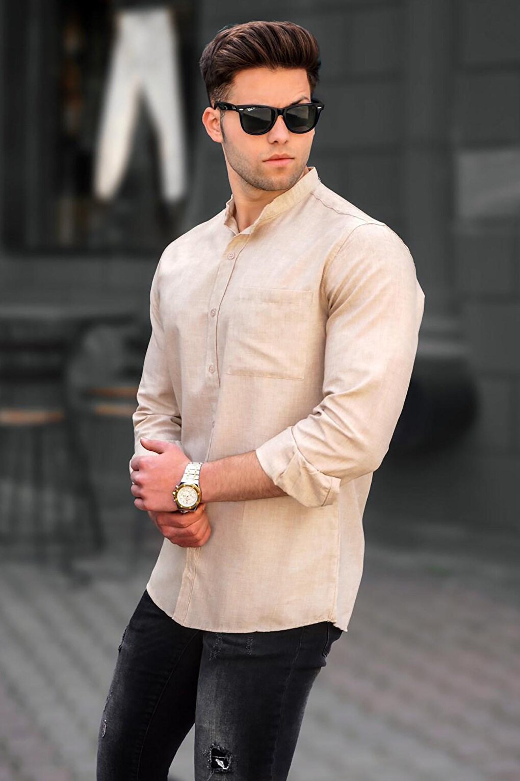 Мужская кремовая льняная однотонная рубашка с длинным рукавом 5548 MADMEXT
