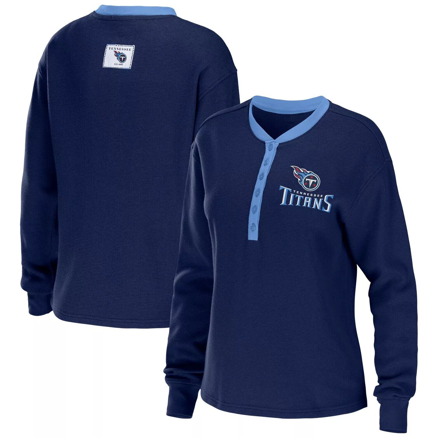 

Женская одежда WEAR by Erin Andrews Темно-синяя футболка Tennessee Titans Waffle Henley с длинным рукавом
